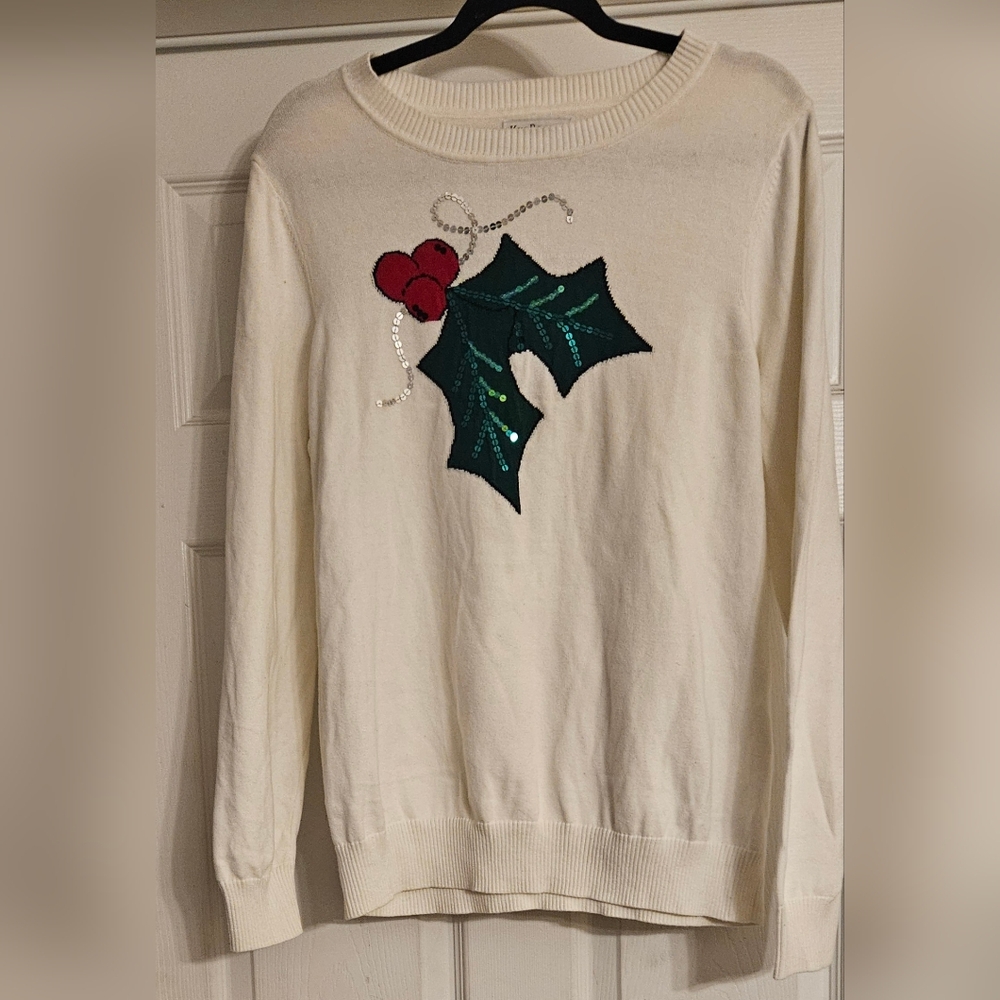KIM ROGERS Petite Women's Ivory Christmas 'Mistletoe' Sweater Sz PXL NWOT